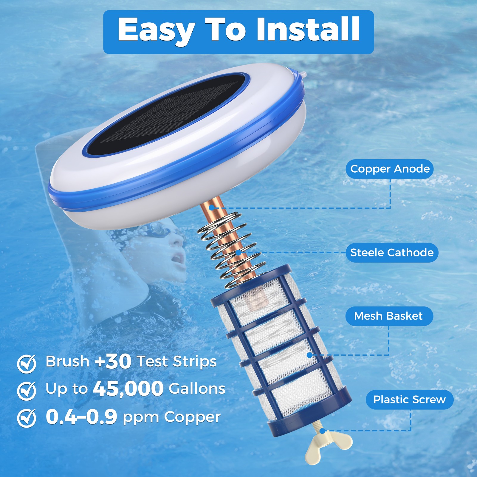 Solar Pool Ionizer Chlorine-Free Water Purifier Up to 45,000 Gal Pool Cleaner