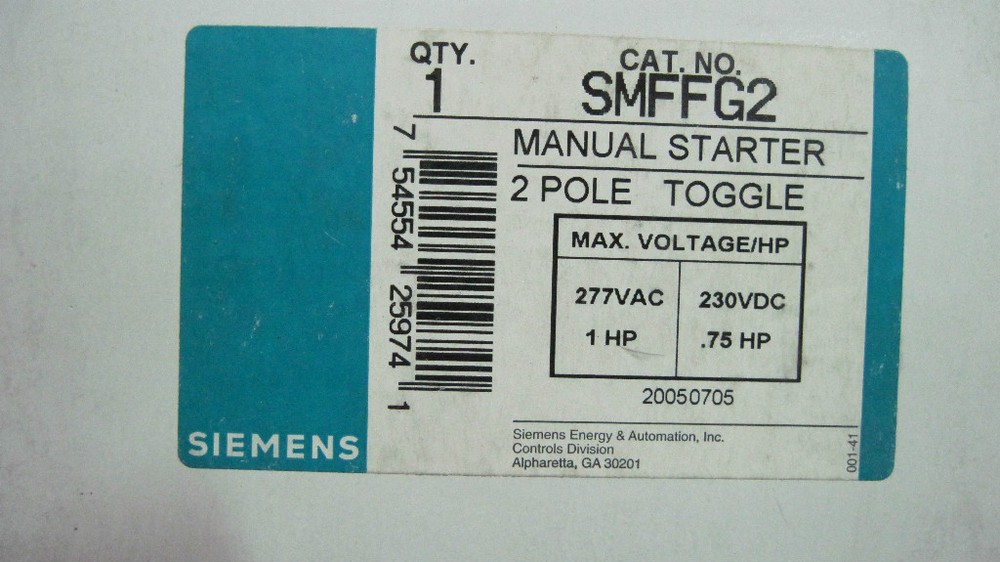 NIB SIEMENS MANUAL STARTER TOGGLE SWITCH #SMFFG2 2 POLE