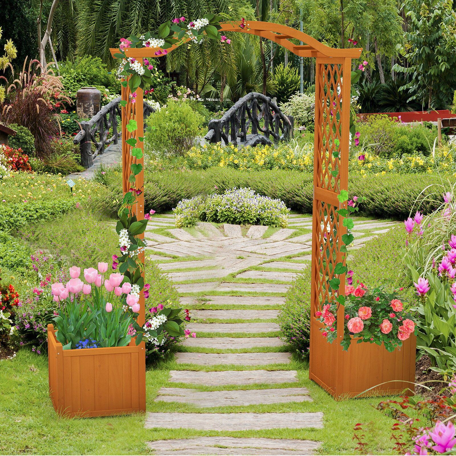 Wooden Garden Arbor Outdoor Archway with Trellis for Wedding Ceremony Decoration