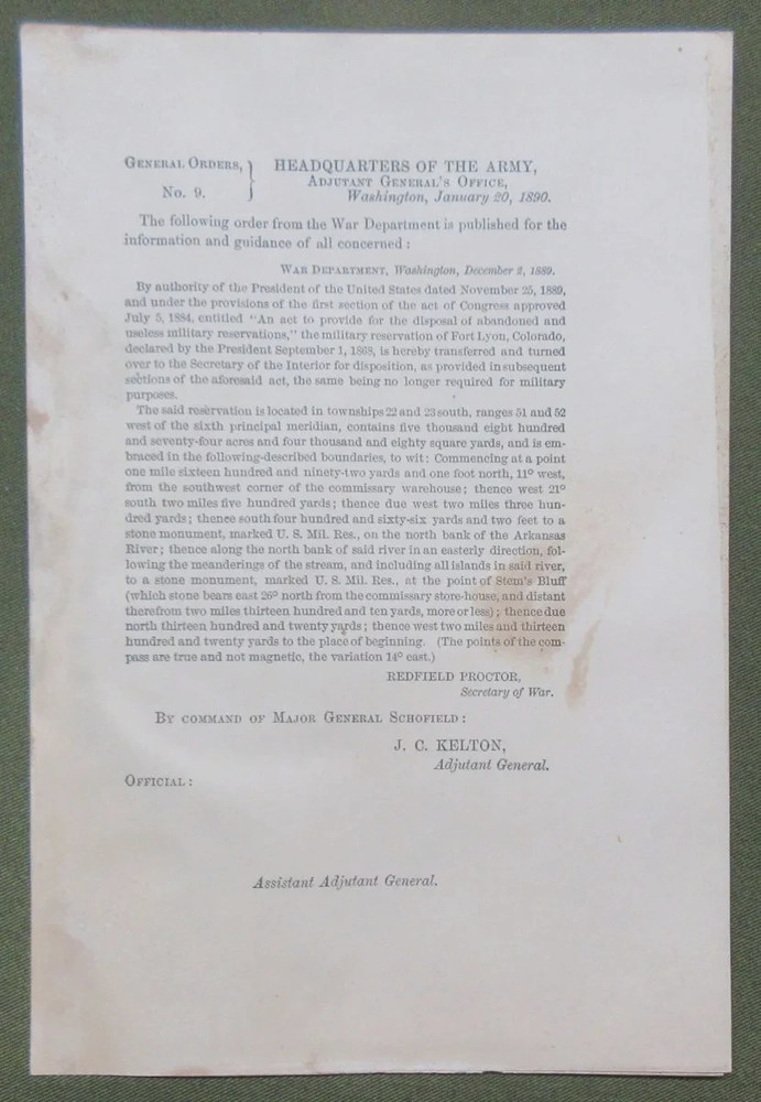 General Orders Abandoning two Important Indian Wars Forts
