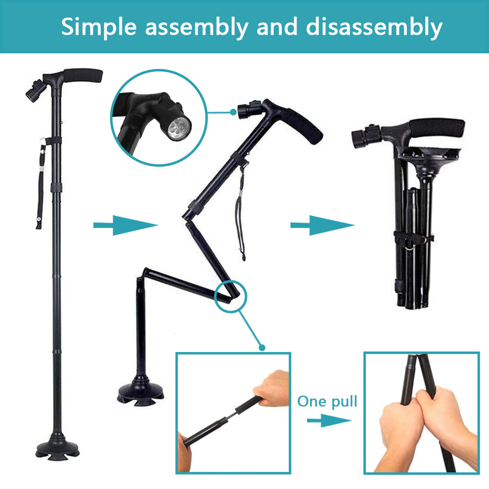 LED Folding Walking Cane for Seniors Men & Women w/ Non-Slip T Handle and Strap