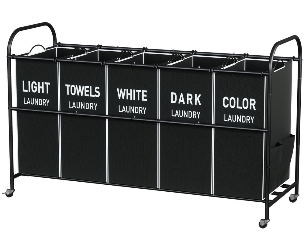 5-Section Laundry Sorter Cart, Large Laundry Hamper with Lockable Rolling Whe...