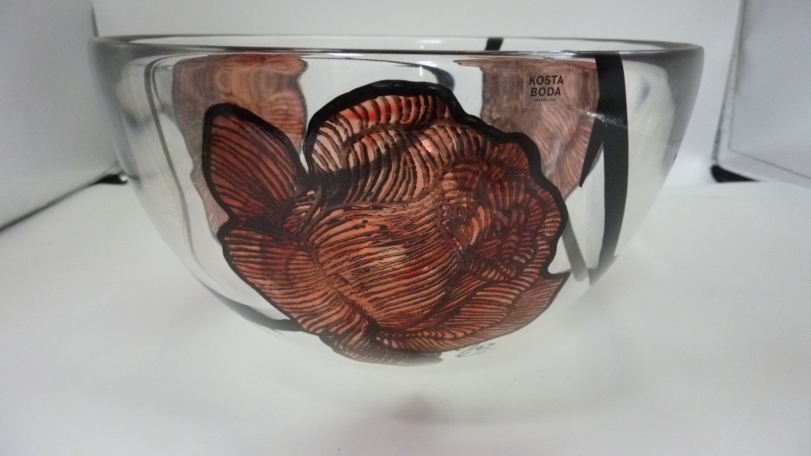 KOSTA BODA Bowl Red Rose Tattoo 9” Large Decorative 🌹 Signed # ’d Art Glass 3