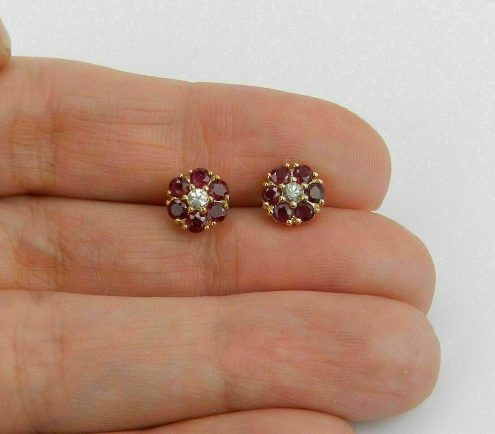 1Ct Lab Created Ruby Stud Earrings Flower Wedding Studs 14k Yellow Gold Finish
