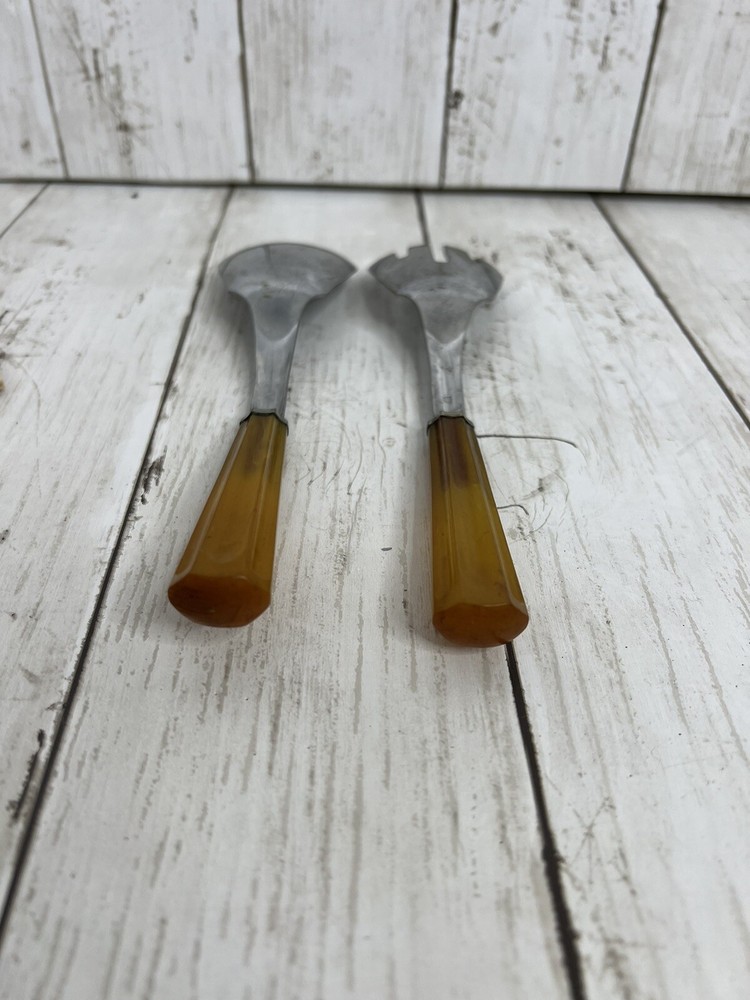 Vintage Serving Fork and Spoon Bakelite Catalin Handle Butterscotch MCM