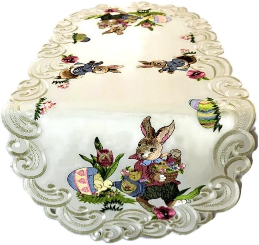 Easter Table Runner with Easter Bunny and Eggs on Ivory Material Size 34 X 15 In