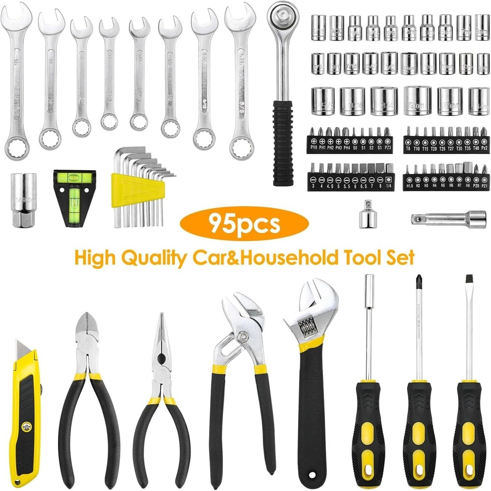 95 Piece Tool Set, Tool Kit, Mechanics Tool Set, Portable Toolbox with Adjust...