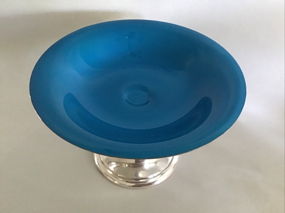 Reed & Barton Peacock Blue Enamel Silver Plate Stem Pedestal Compot Candy Bowl￼