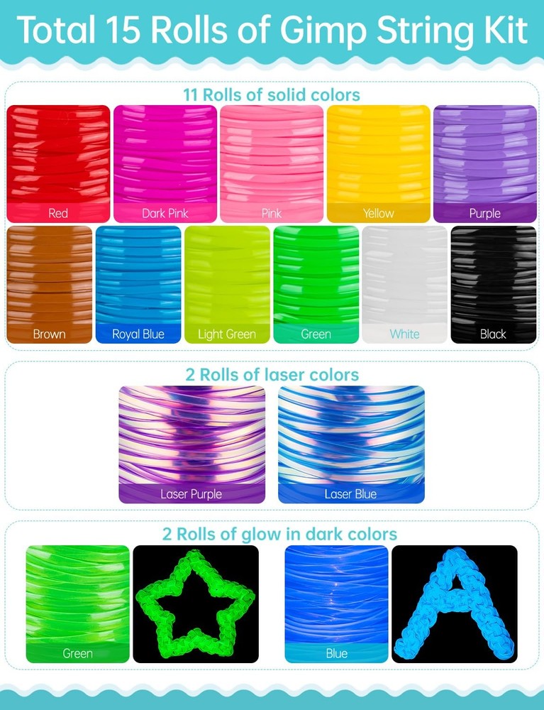 Lanyard String, 15 Rolls Gimp Plastic Glossy/Glow in Dark/Laser