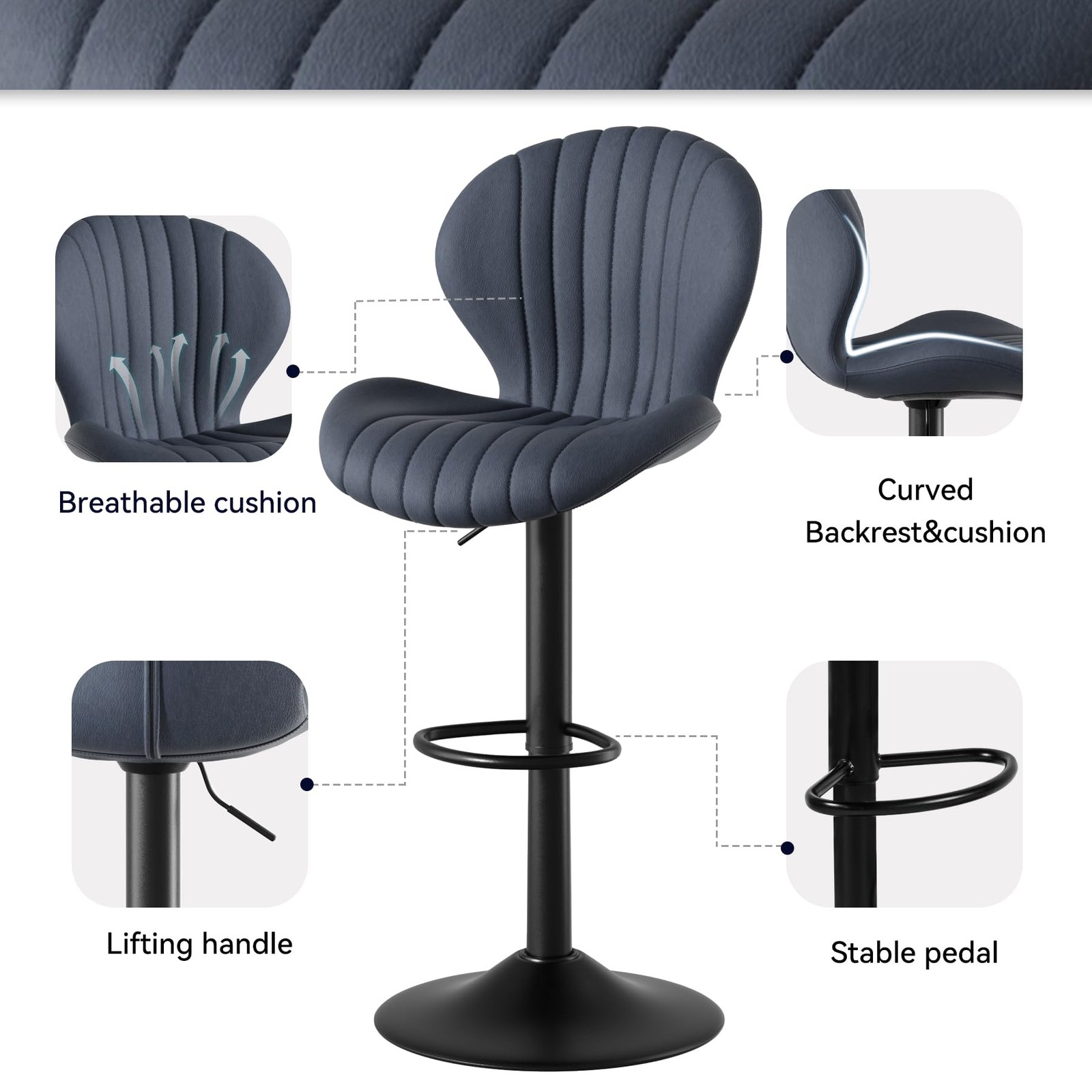 Modern Fabric Upholstered Bar Chairs Set of 2 Adjustable Swivel Dark Grey