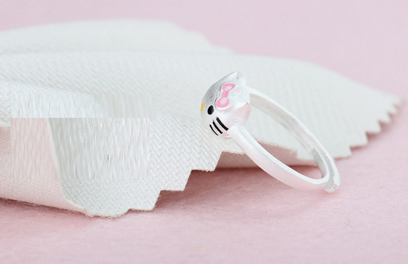 Pink Bow Hello Kitty Cat Kitten Silver Adjustable Ring