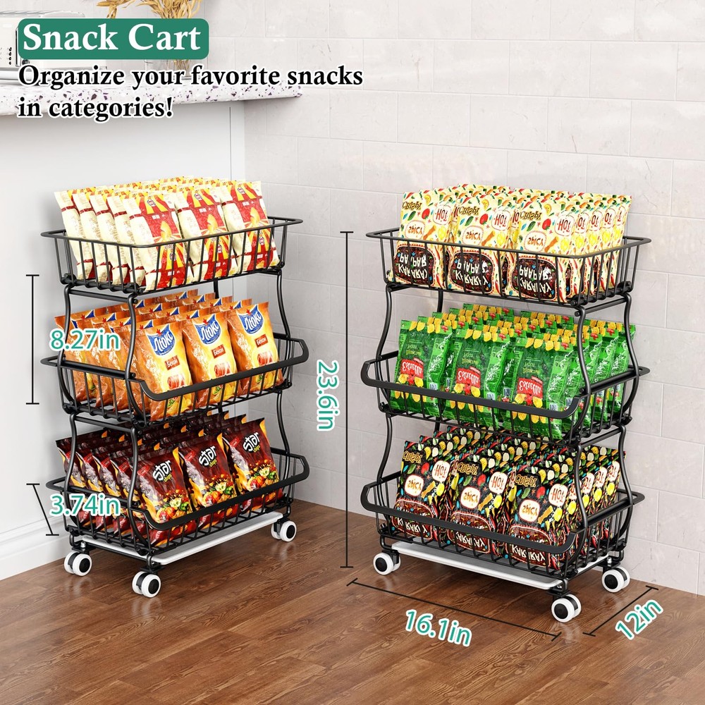 3-Tier Rolling Pantry Floor Organizer and Storage Cart with Wheels, Stackable...