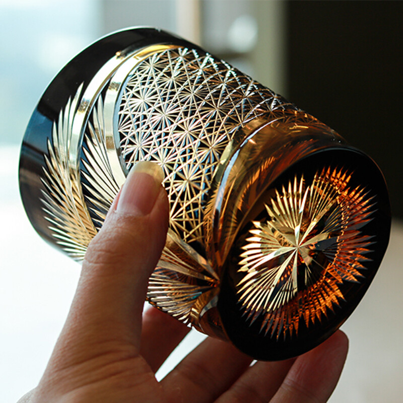 Hand blown hand cut whiskey glasses color overlay glass gifts amber black 9 Ozs