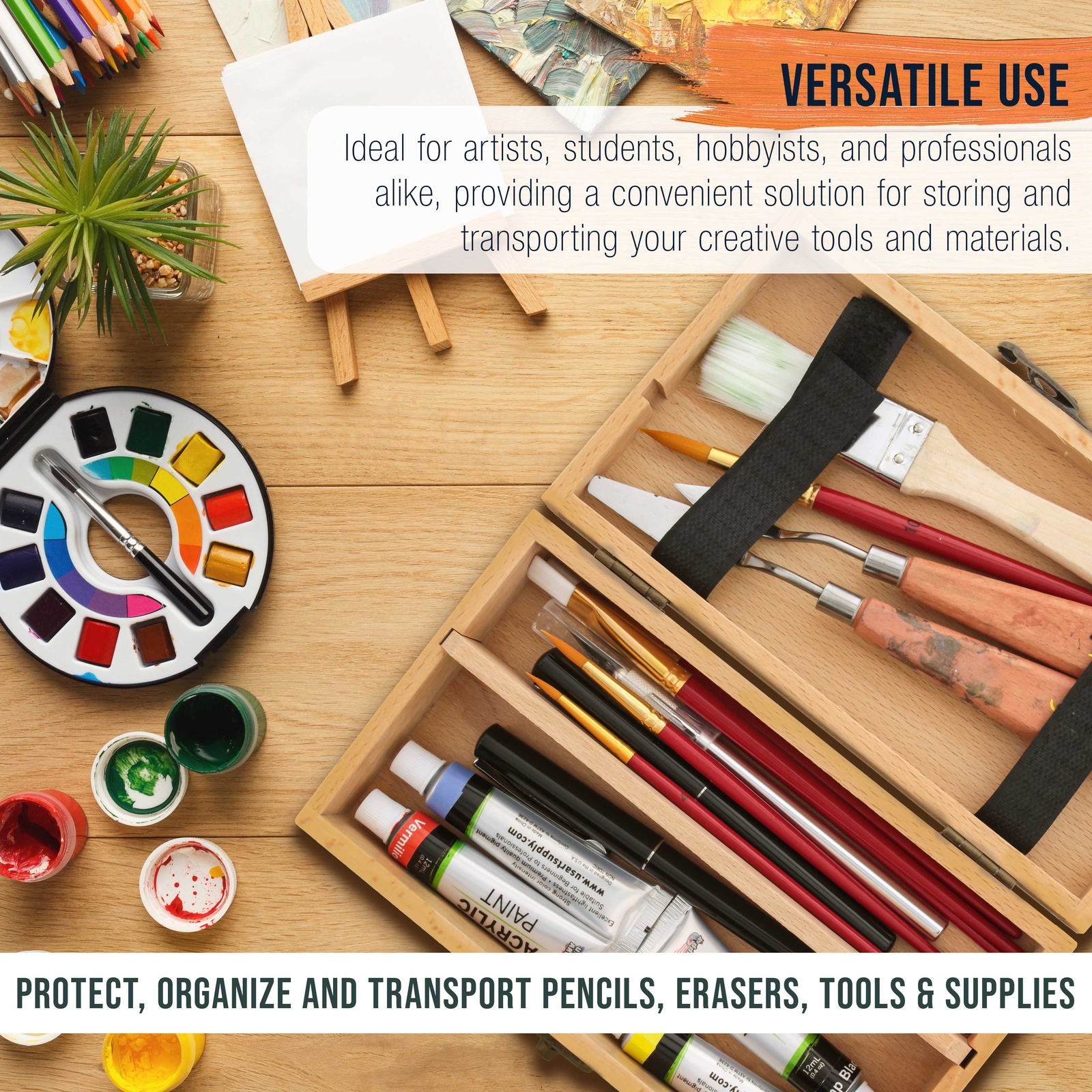 US Art Supply Small Artist Tool and Brush Storage Box with Locking Clasp