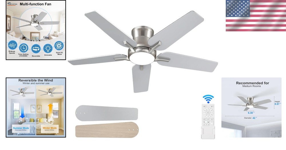 Versatile 42-Inch Reversible Ceiling Fan with LED Light & Timer - Low Profile