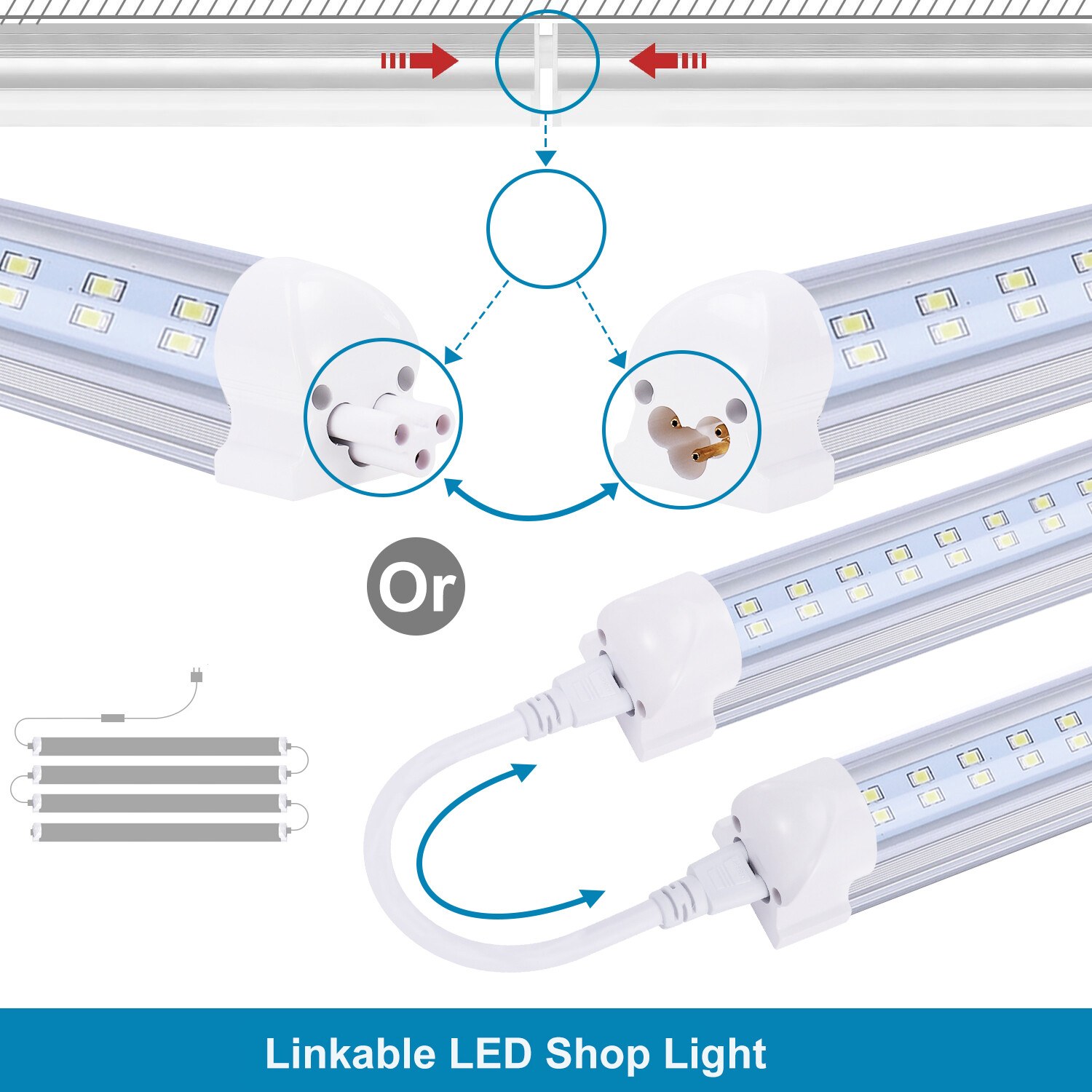 4P 8FT LED Shop Light Fixture, 6000K Linkable Tube Light T8 Integrated LED Bulb