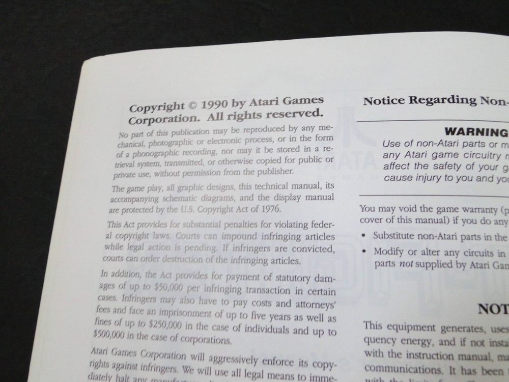 Vintage 1990 Atari: Pit-Fighter Arcade Operator's Manual
