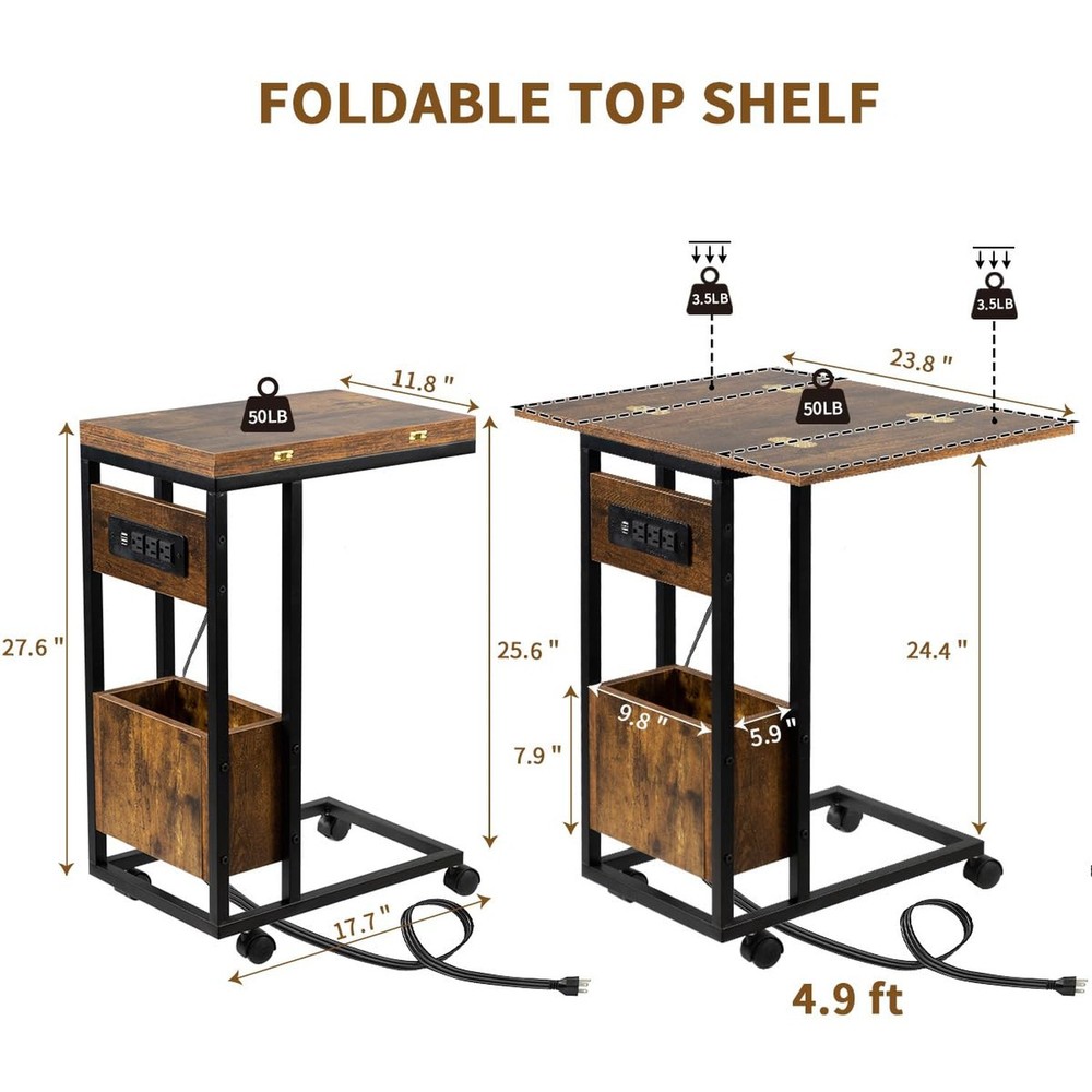 Hadulcet C Shaped End Table with Charging Station & Foldable Tabletop, Foldin...