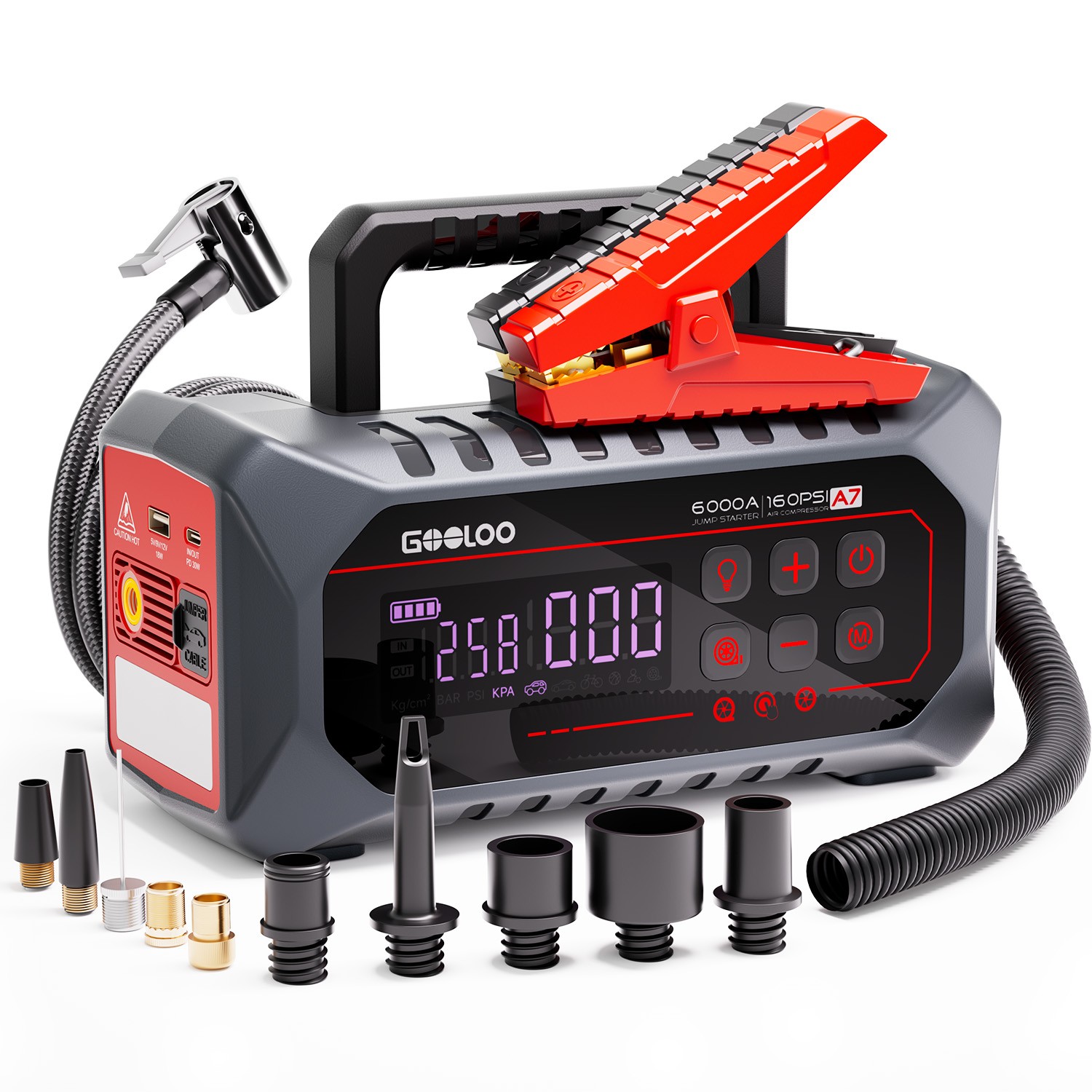 GOOLOO A7 Jump Starter with Air Compressor 6000A &160PSI 12V Car Battery 12-in-1