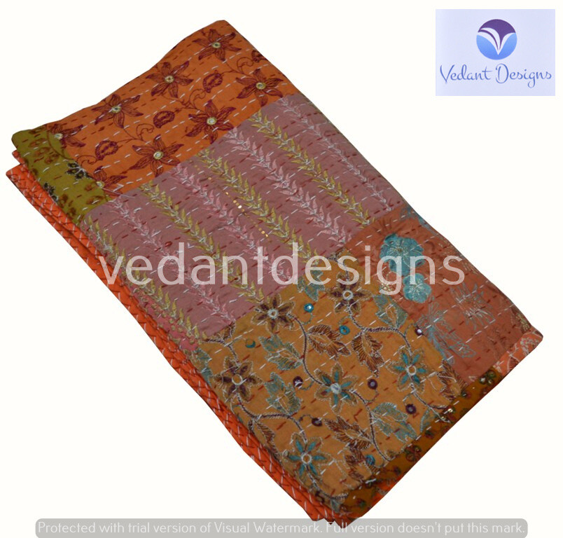 Indian Embroidery Kantha Quilt Bedspread Patchwork Throw Cotton Multicolor