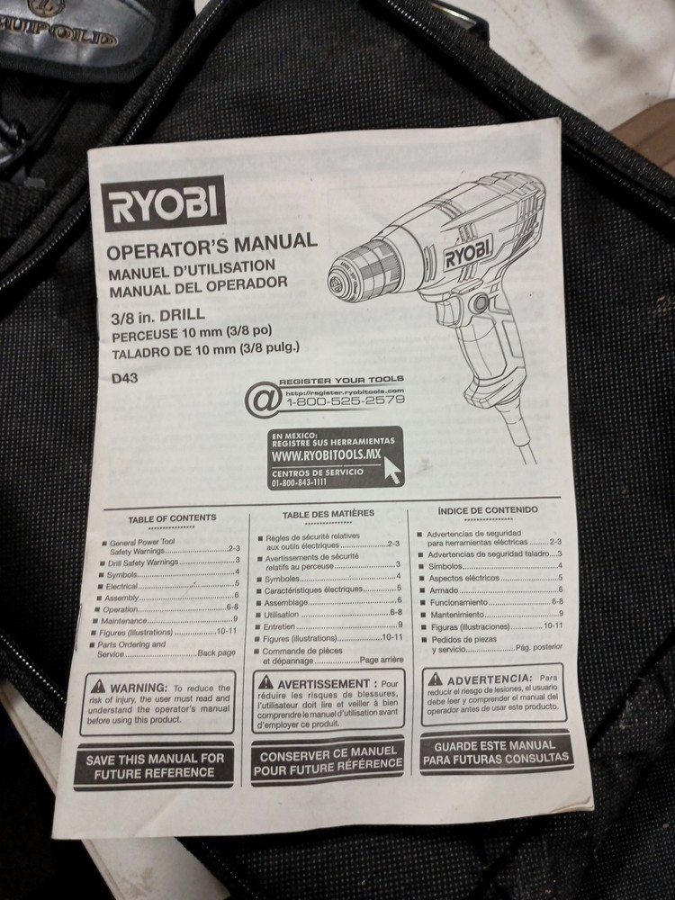 Ryobi D43K 5.5 Corded 3/8 Inch Variable Speed Compact Drill/Driver With Tool Bag
