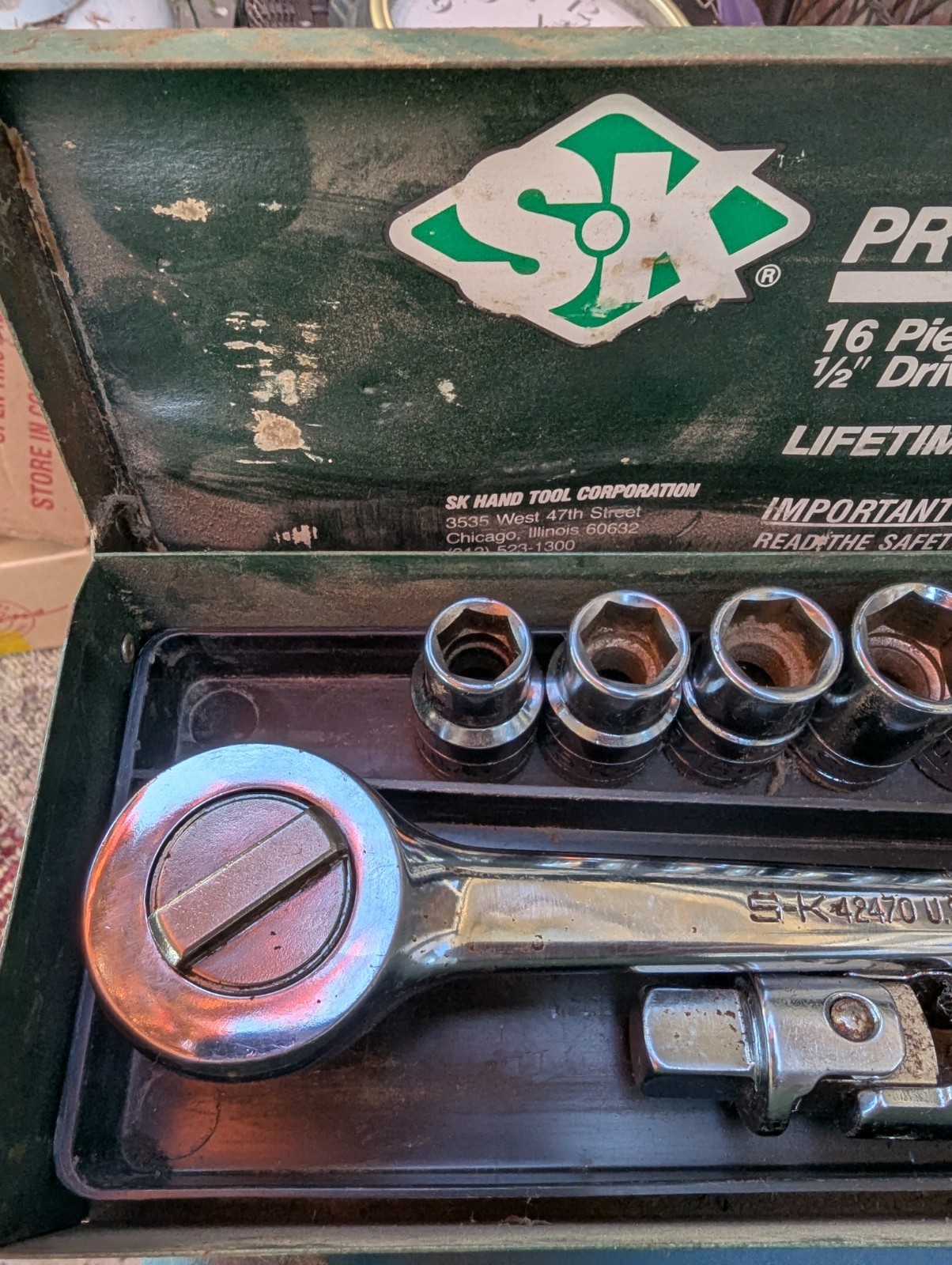 Vintage S-K 1/2" Drive 6 Pt. Socket Set #4116 7/16"-1 -1/4" Ratchet & Universal