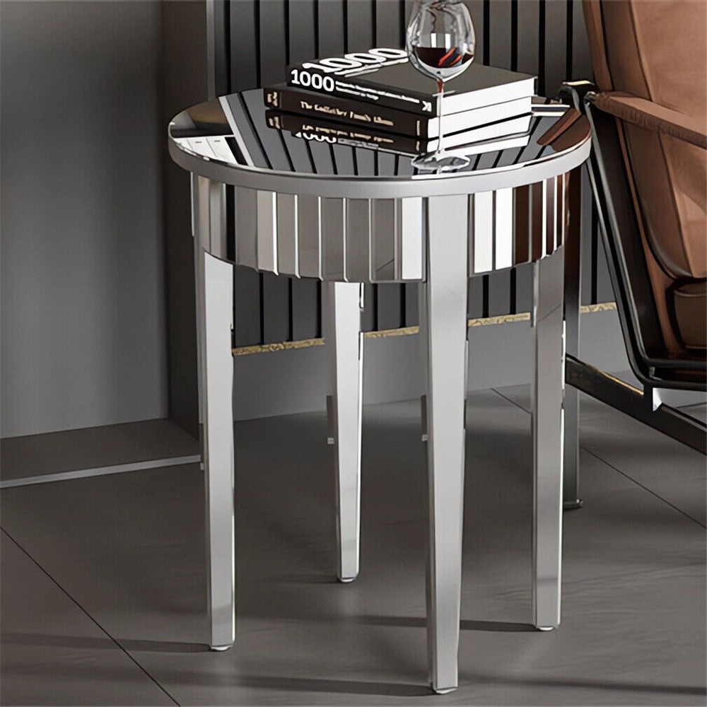 Round Venetian Mirrored Side Table Sofa Bedside Coffee Table Storage Wood Frame
