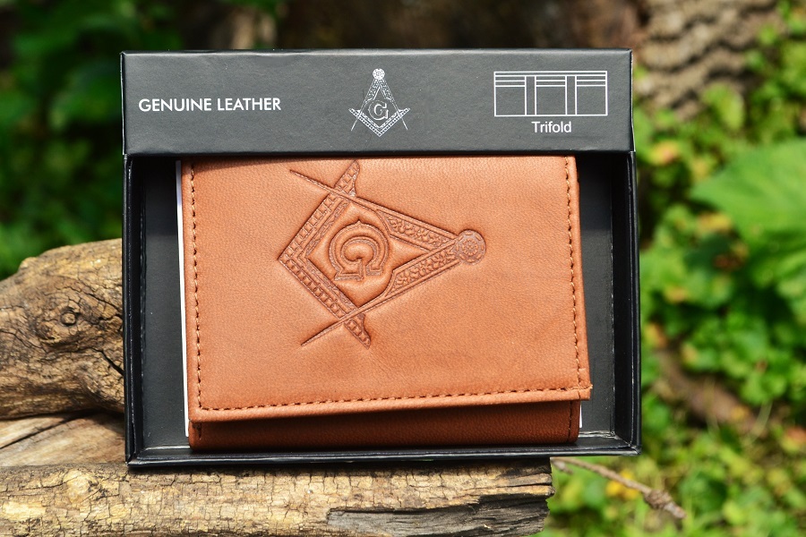 Masonic Tan Leather Tri-Fold Wallet - RFID Protected - Square and Compasses