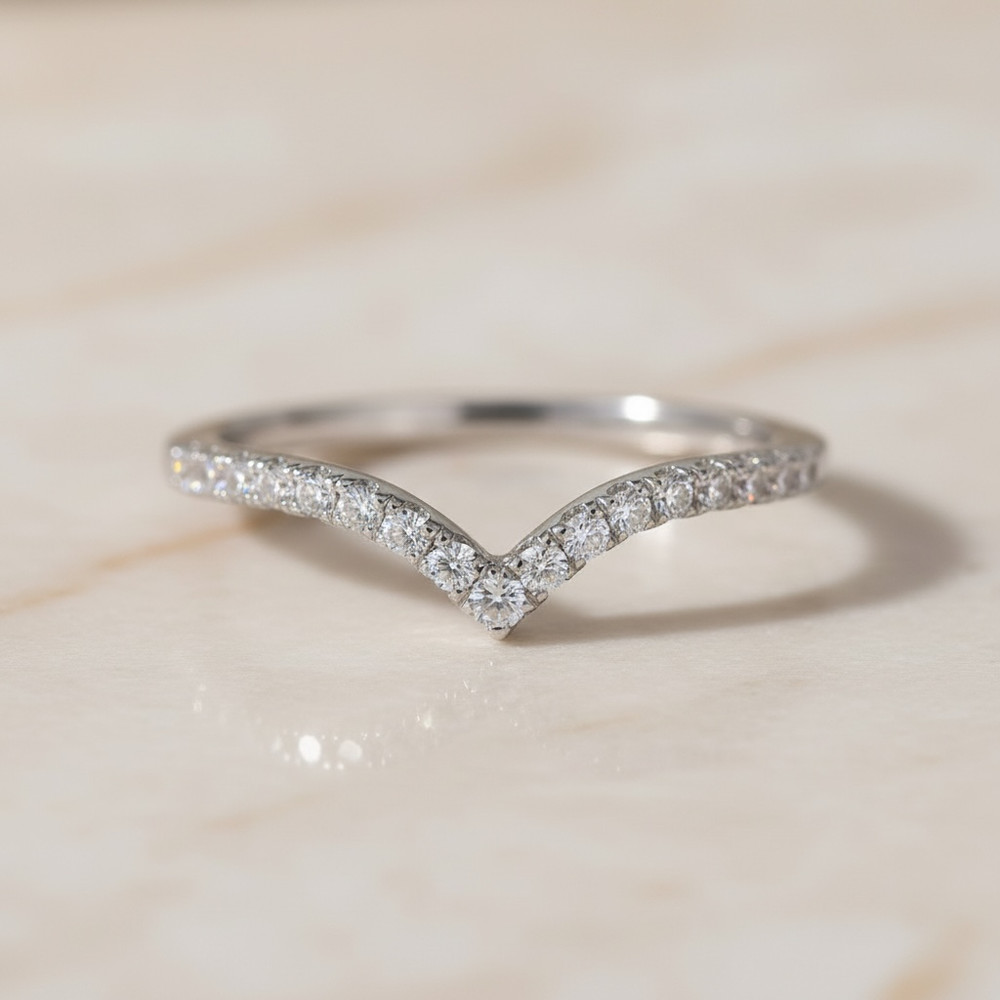 V Shaped Ring | Solid Silver Chevron Ring | | Thin Pave Wishbone Stacking Band