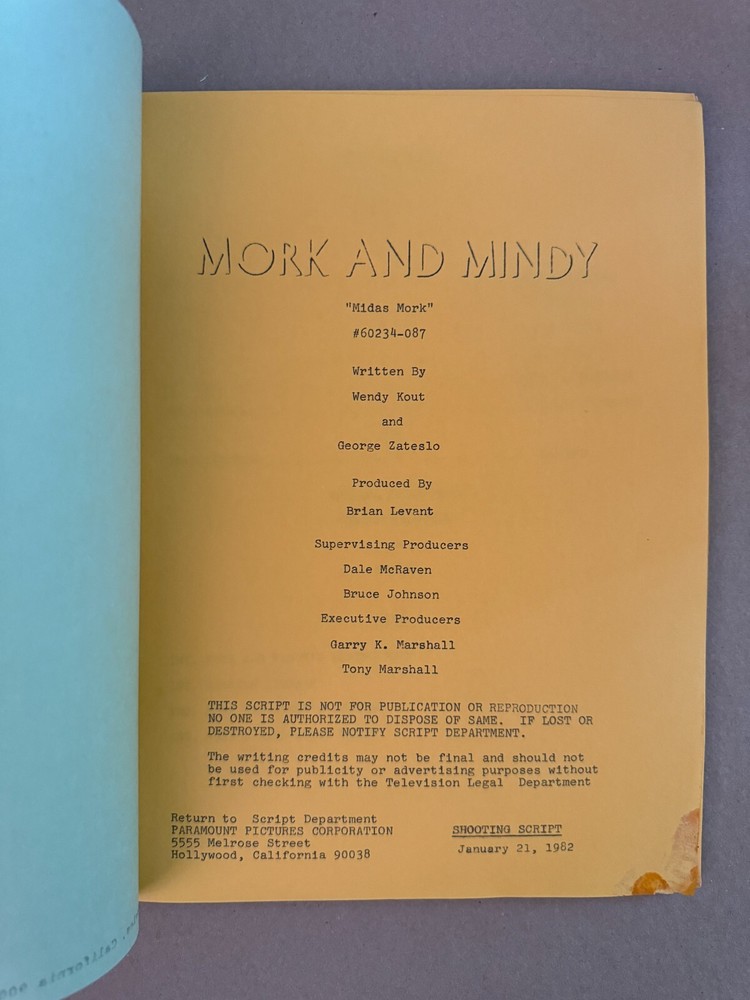 MORK AND MINDY Original Tv Show Shooting Script "Midas Mork"