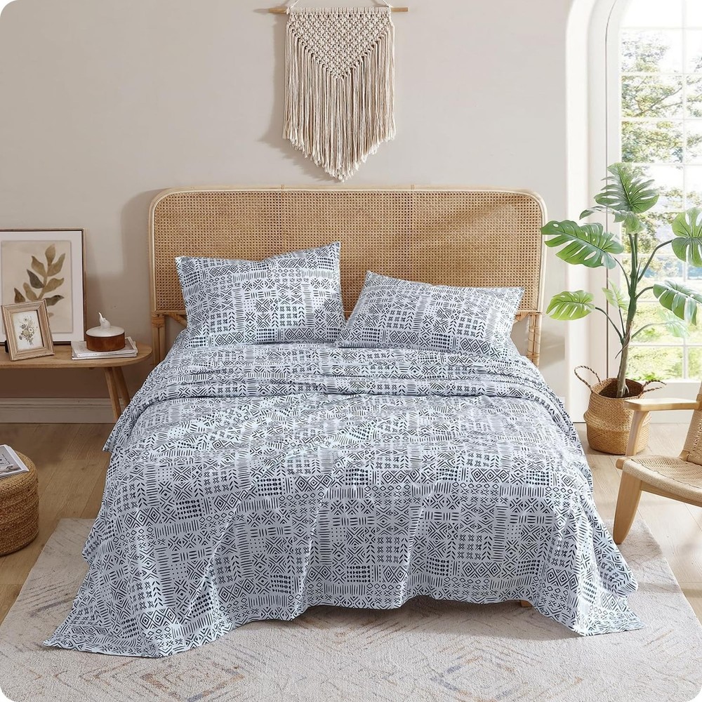 Indigo Ink - Queen Size Sheet Set, 4-Piece Boho Geometric Patterned Bedding, ...