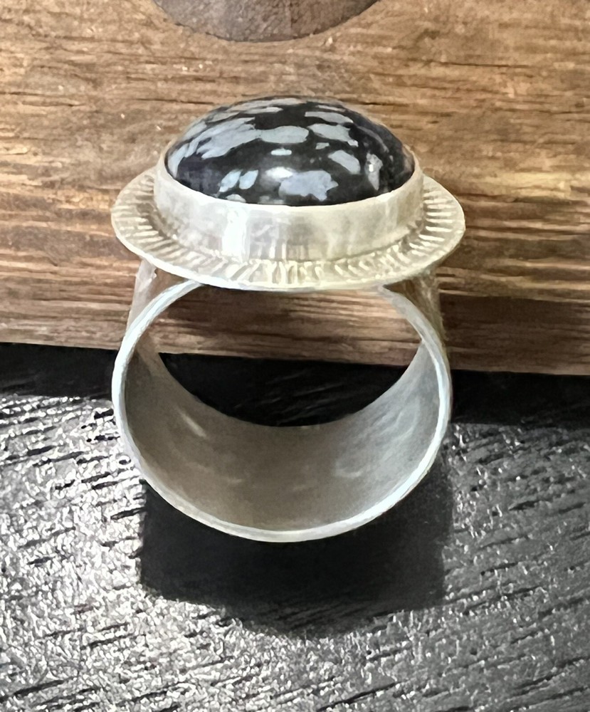 Hand Crafted Snowflake Obsidian Ring - Sterling Silver - Size 8