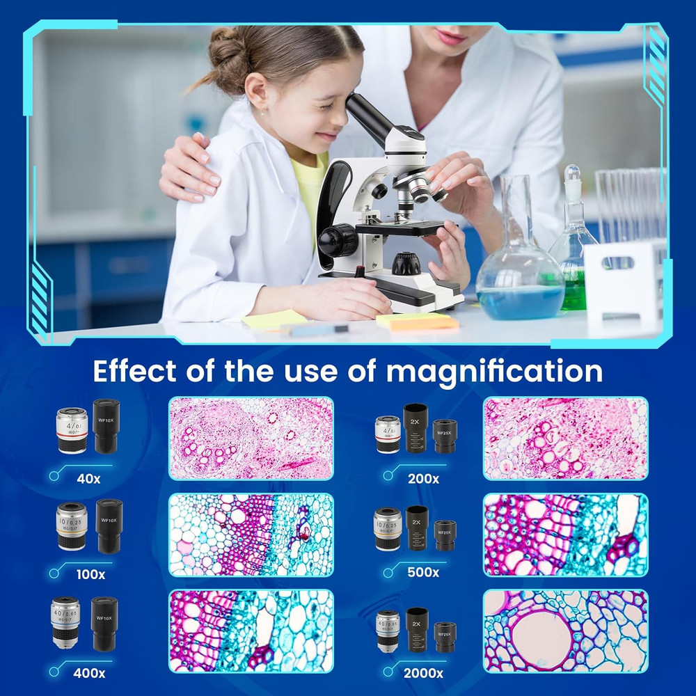 Microscope for Adults Kids 40X-2000X Compound Monocular Microscope for Students