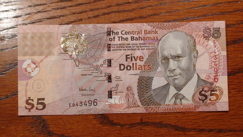 2007 BAHAMAS MONETARY AUTHORITY GEM UNCIRCULATED FIVE DOLLAR NOTE $5 BILL!