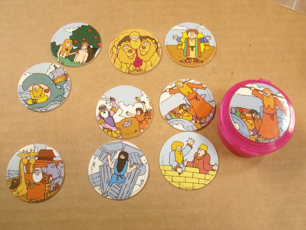 POGS/MILKCAPS BEGINNERS BIBLE POGS (9) DIFFERENT WITH CANISTER