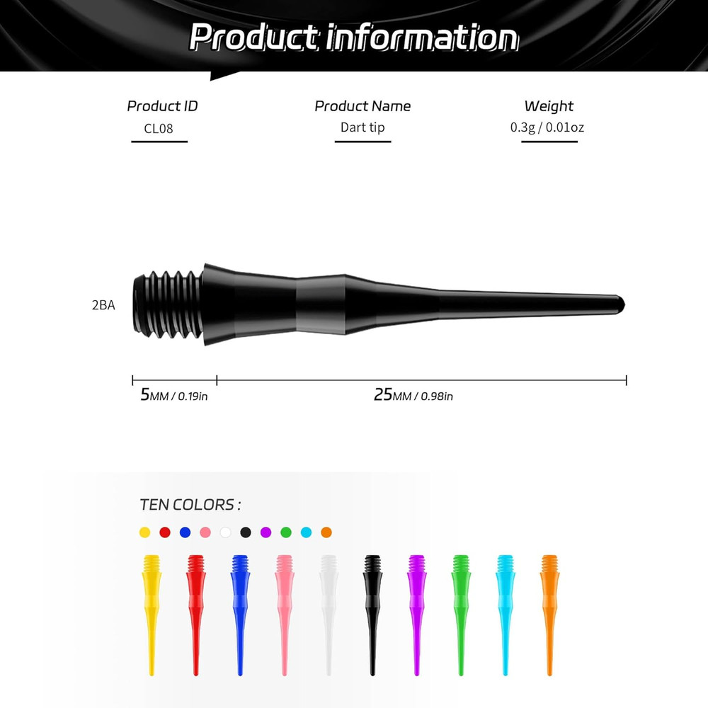 2BA Thread Soft Tip Dart Points 500 Pack, 10 Colors, Plastic Dart Tips Replaceme