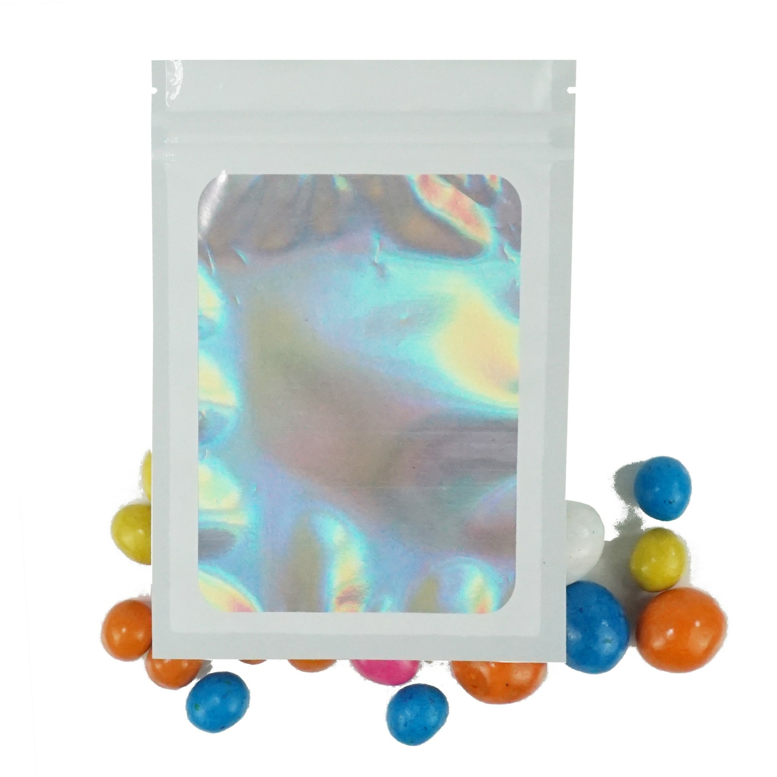 White Mylar Food Packaging Bags, Holographic Foil Snack Bags with Clear Window