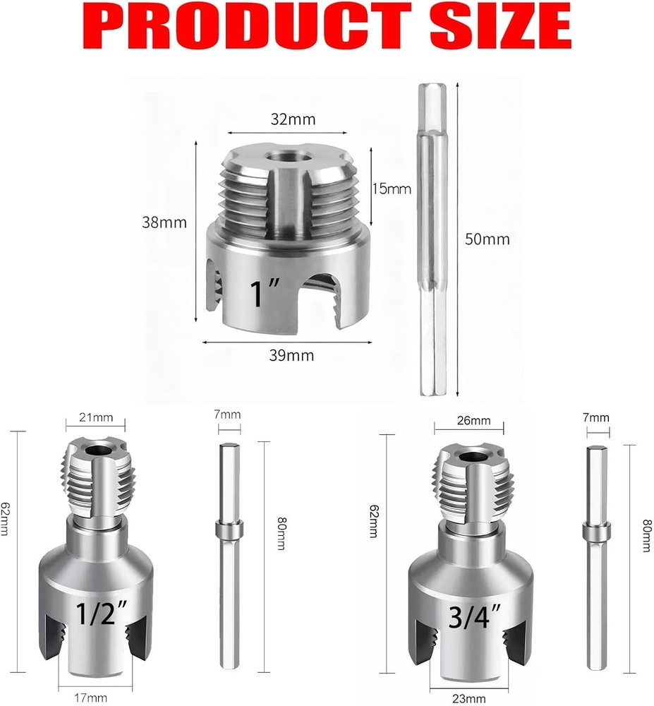 PVC Pipe Threader Kit, 3 Piece Set, 1/2" 3/4" 1" NPT Sizes, Dual-Function Intern