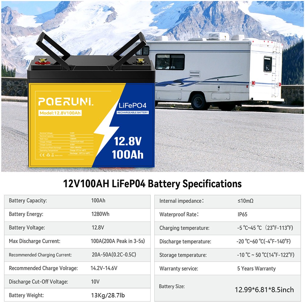 12V 100Ah LiFePO4 Lithium Battery Built-in BMS Cycle Deep for Solar RV Off-grid