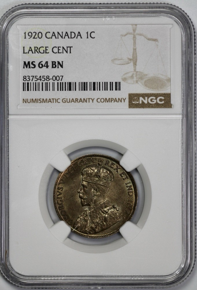1920 Canada 1c Large Cent NGC MS 64 BN Brown