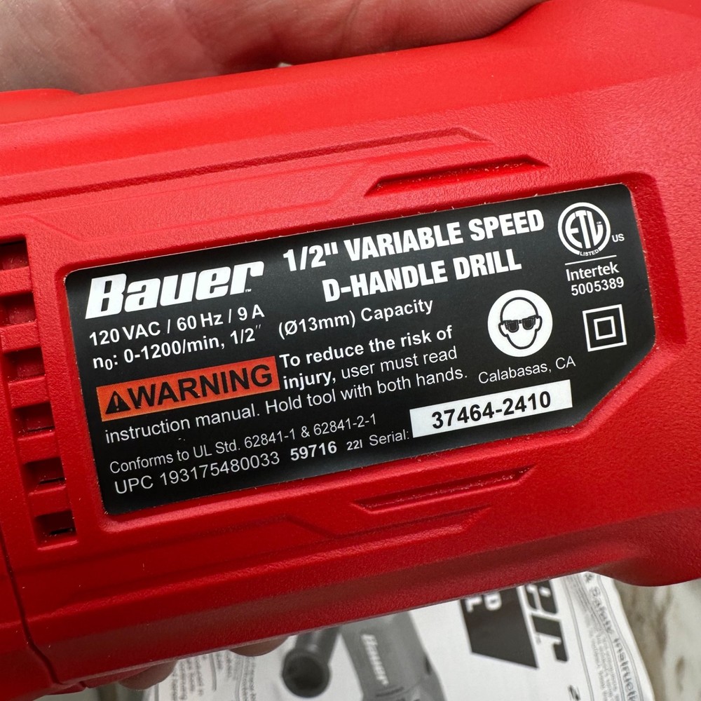 Bauer 9 amp 1/2” Variable Speed D-Handle Drill 2398E-B NIB