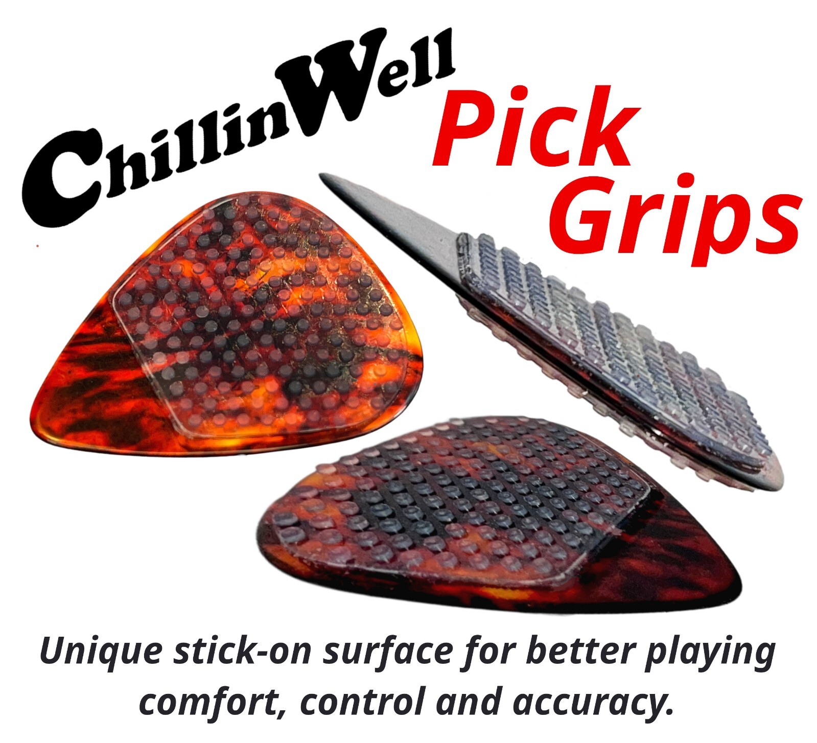 ChillinWell Guitar Pick Grips 16pc Grippy not Sticky Durable Reusable Stick-On