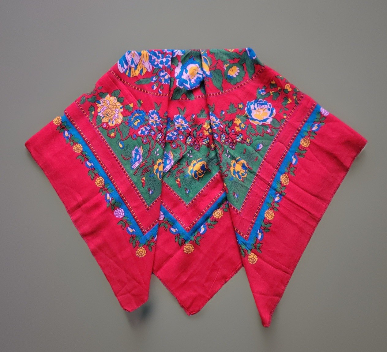 Vintage Square Woven Print Scarf Floral Red Blue Yellow Pink Fringe Japan 48”