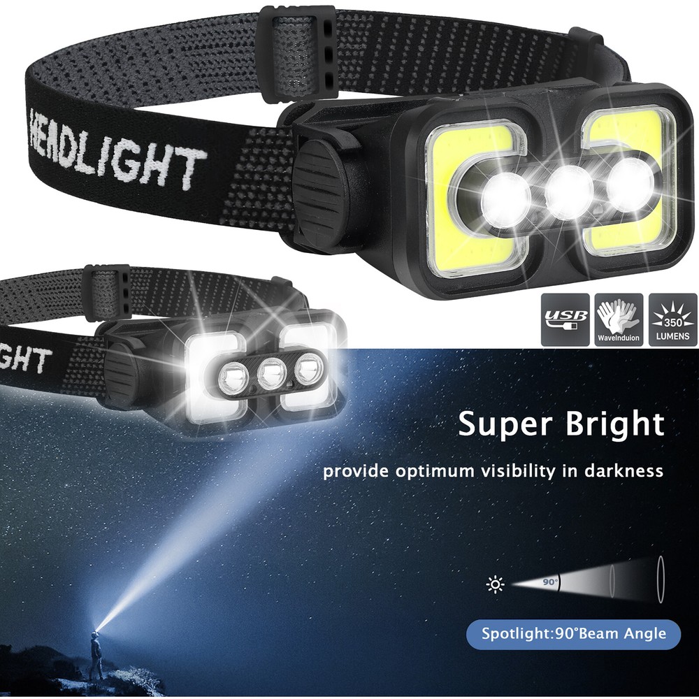 COB LED Headlamp USB Rechargeable Sensor Headlight Torch Work Light Dual Switch