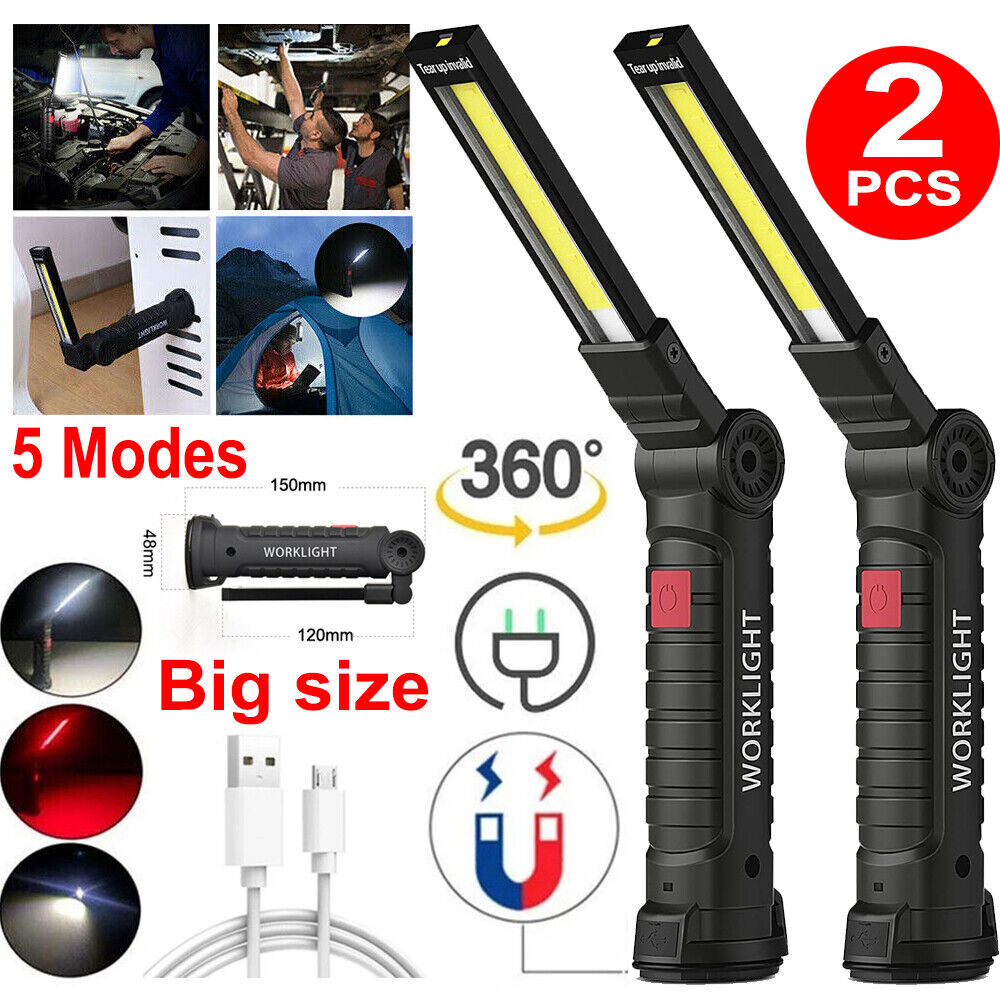 2 Pack Magnetic Base LED COB Work Light Rechargeable Mechanic Torch Flashlight