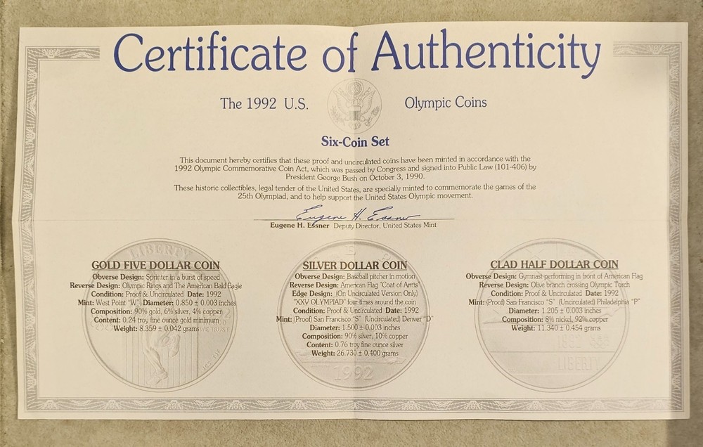 1992 GOLD/SILVER Olympic Proof Set Proof/Unc Box COA