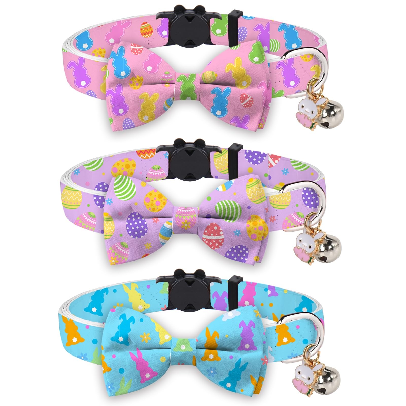 3 Pcs Easter Cat Collar with Breakaway Bell Bow Tie Rabbit Bunny Egg Adjustable