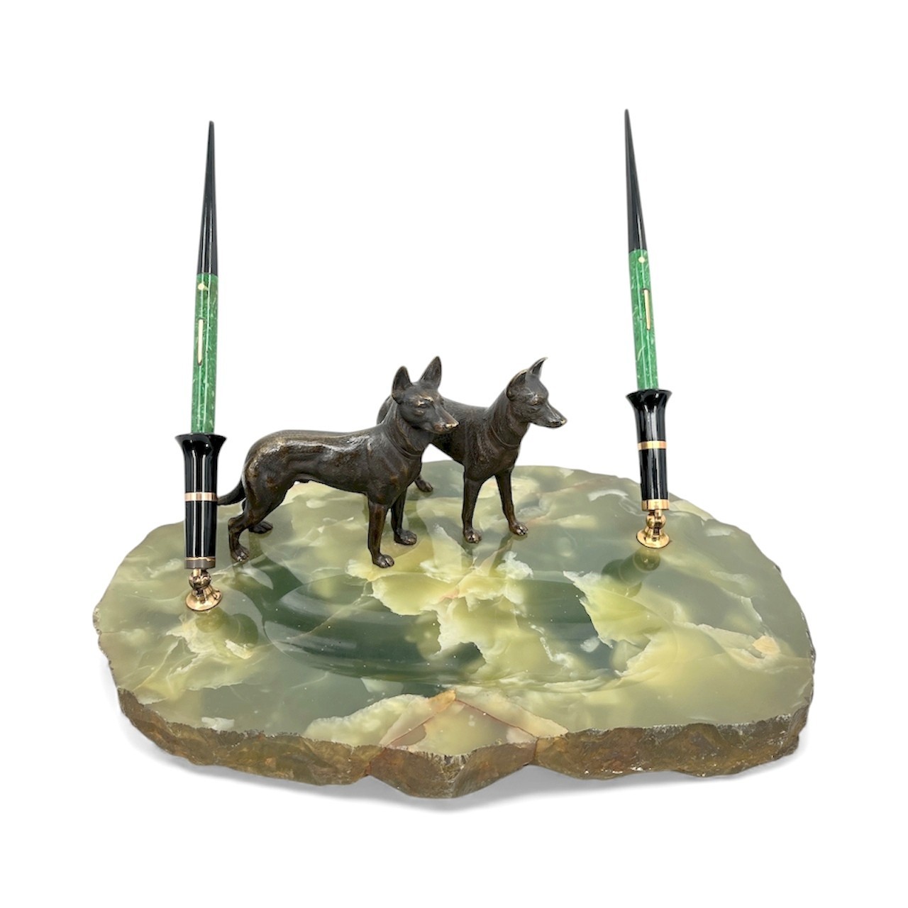 Antique circa 1929 Sheaffer Fountain Pen Desk Set Bronze German Shepherd Dogs