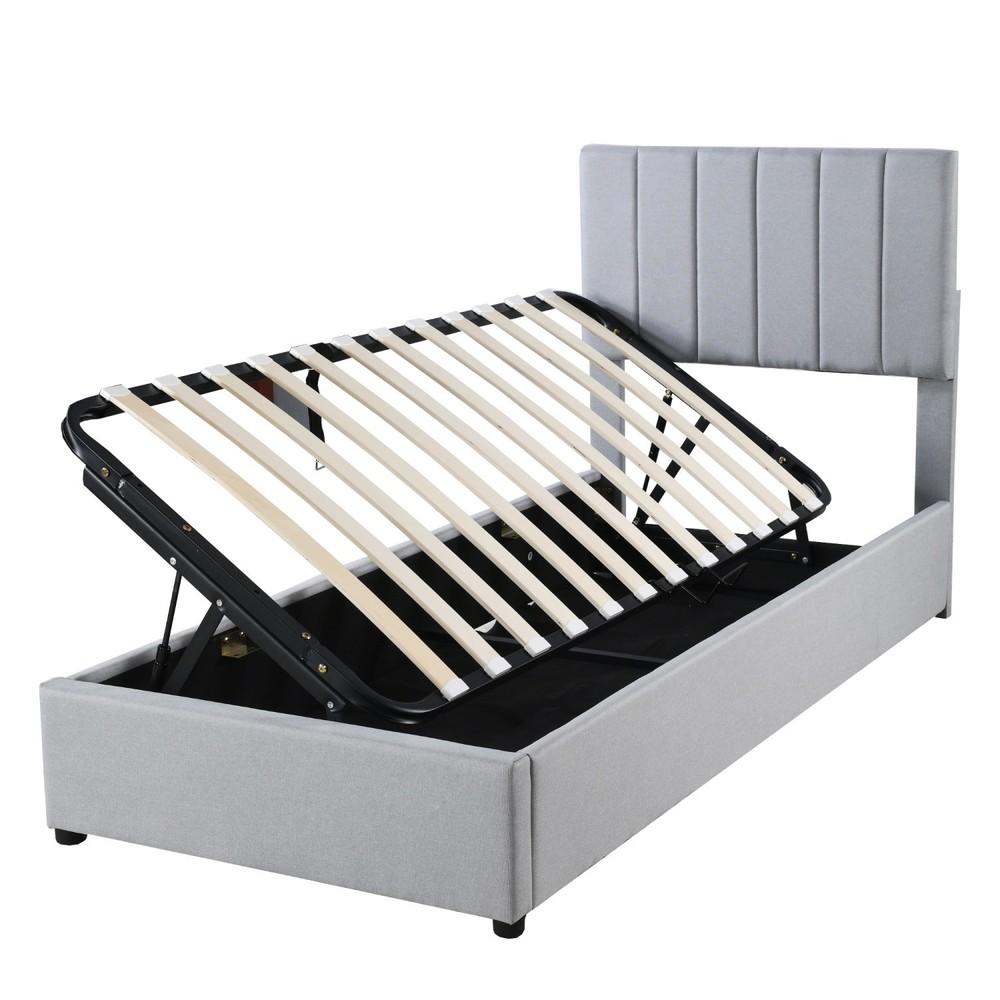 Twin Size Upholstered Platform Bed Frame w/ Hydraulic Storage System Gray