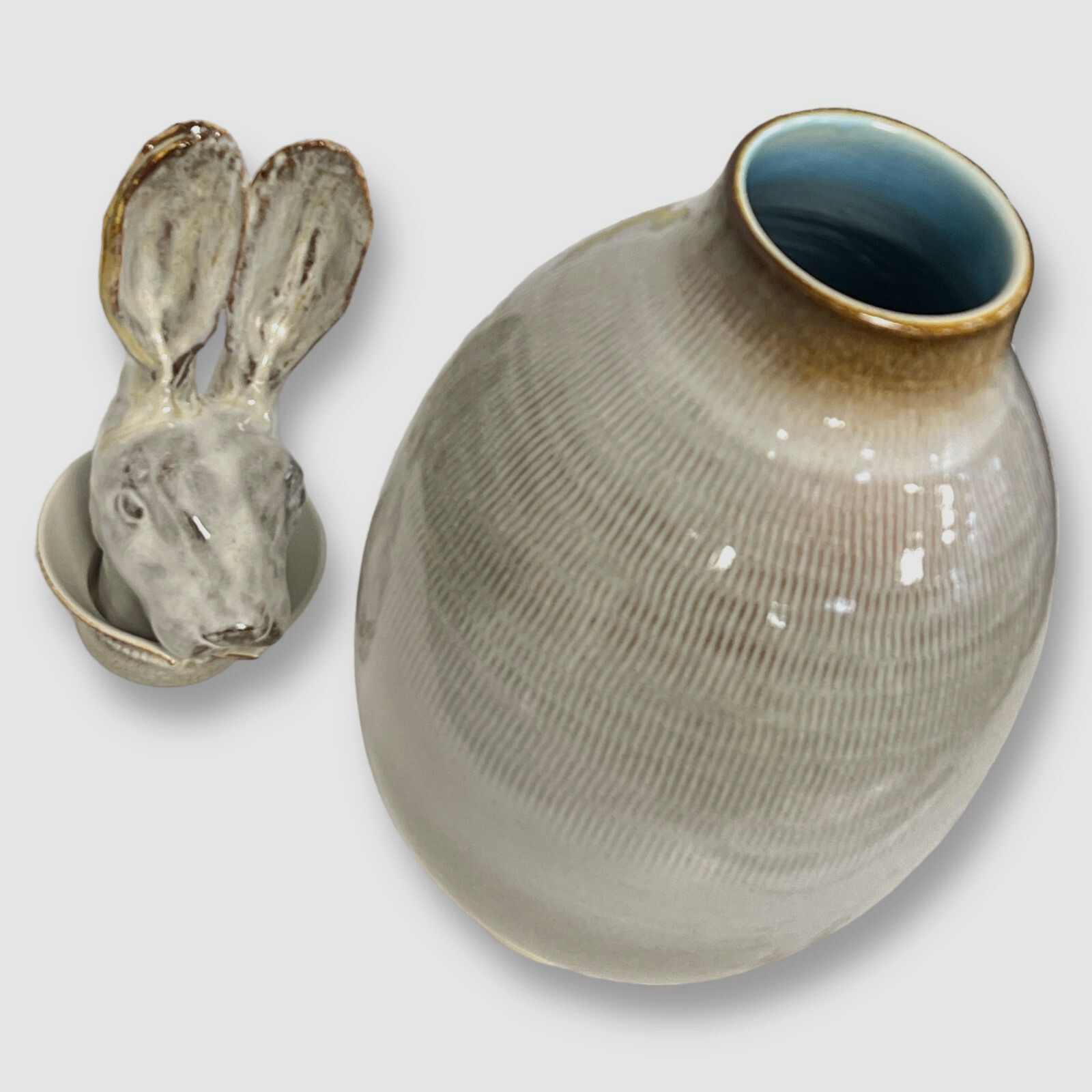 $695 AMAARO White Rabbit Bunny Canopo Ceramic Vase Cookie Jar Lid Vase 19.7"